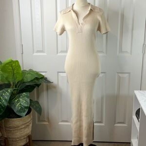 Joie Dress Women's Beige Knit Ribbed Collared Short Sleeve Maxi NWOT Size L